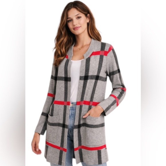 Tahari Sweaters - Tahari Plaid Cardigan Gray Red Open Front Sweater Medium Chic